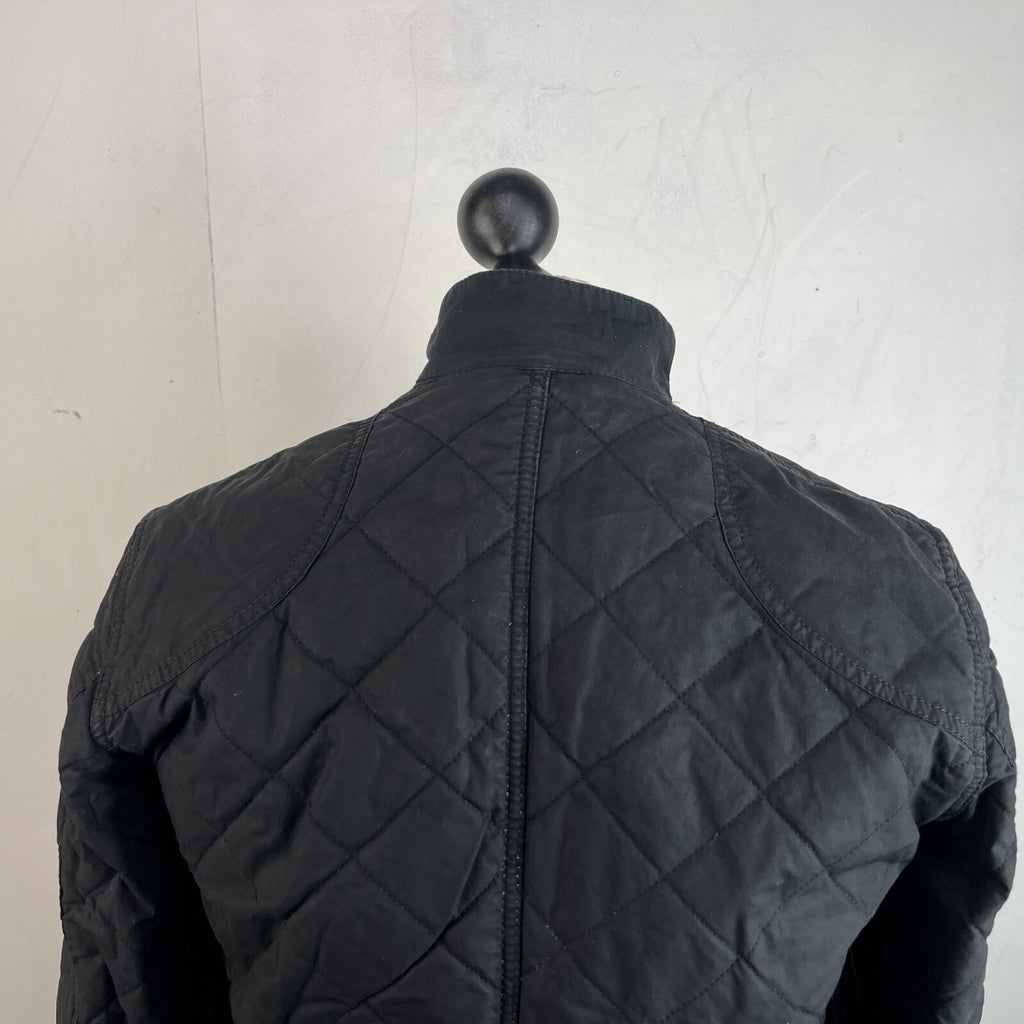 Barbour International Quilted Waxed Cotton Jacket Black with Belt Band Collar S