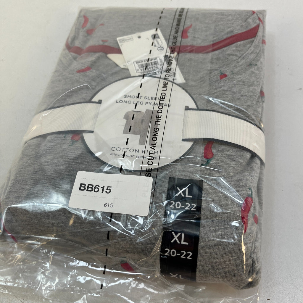 M&S Ladies Pyjama Set UK XL 20-22 Grey with Chillies Long Leg Short Sleeve New