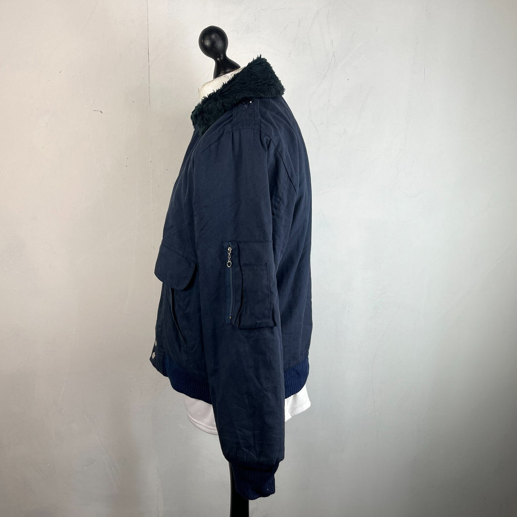 French Military Fleece Lined Bomber Jacket size M Navy Blue Workwear Canvas