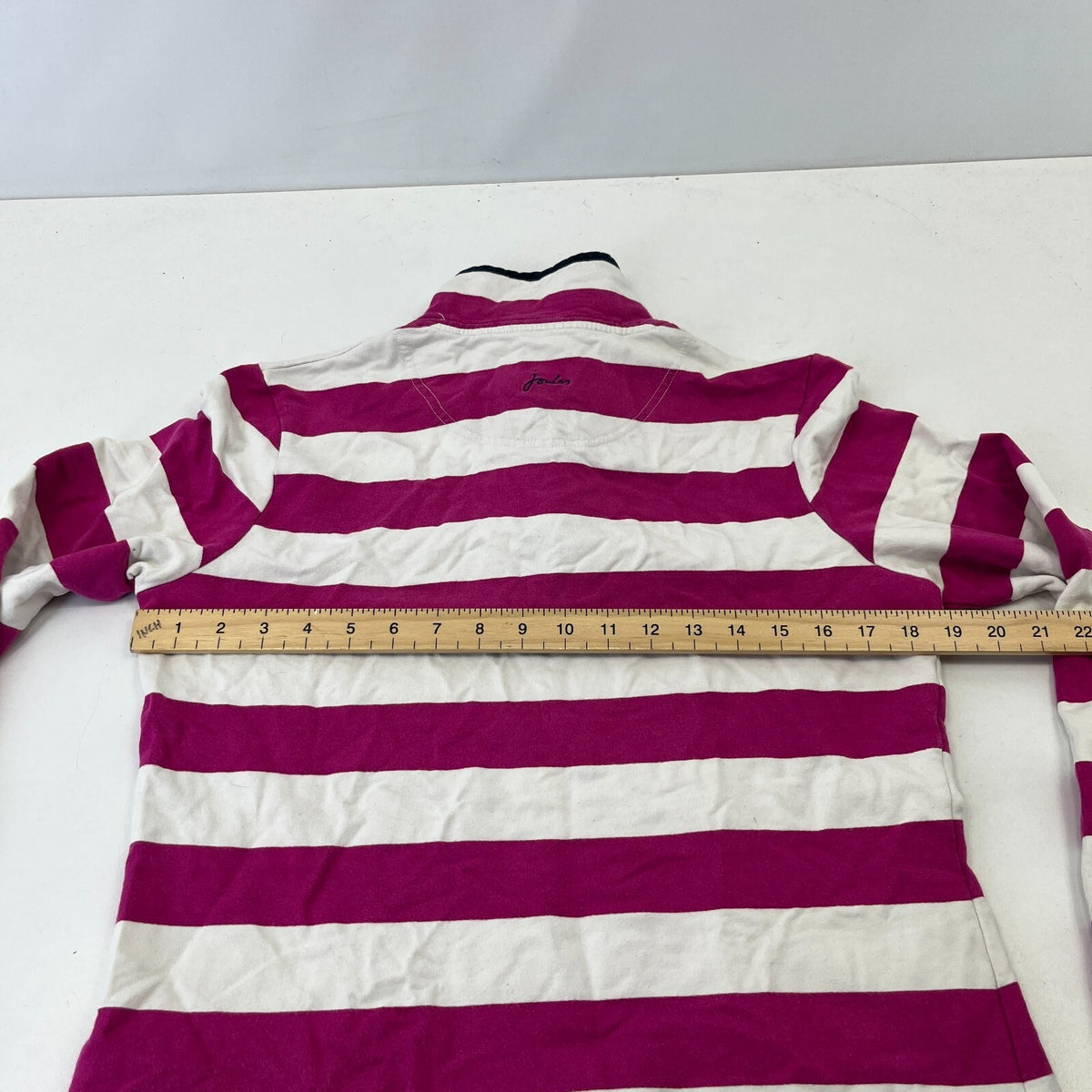 Joules White & Pink Striped Rugby Polo Shirt Distressed Long Sleeve Womens UK 12