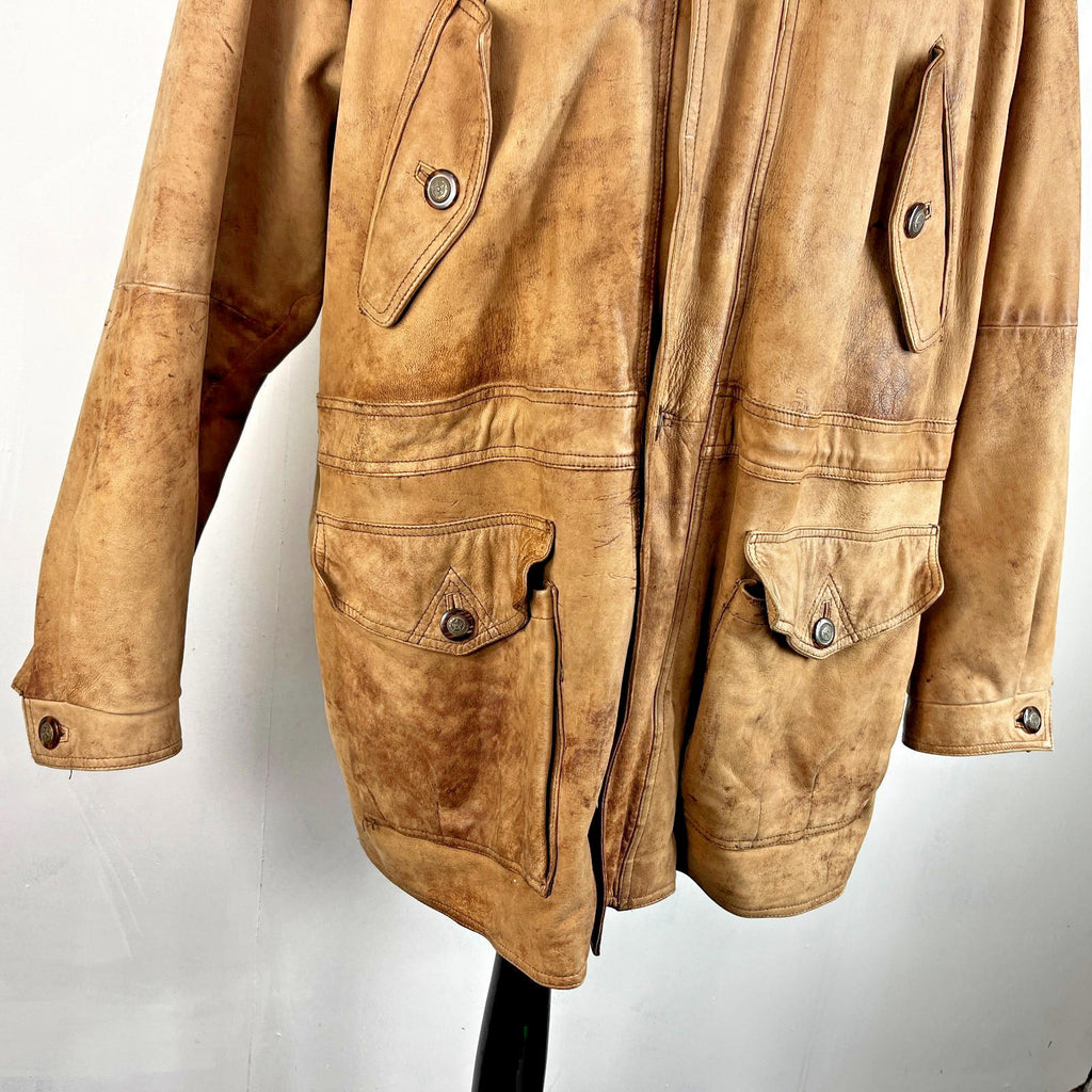 Lakeland Men’s Leather Jacket Long Distressed Look Tan Brown UK size 46