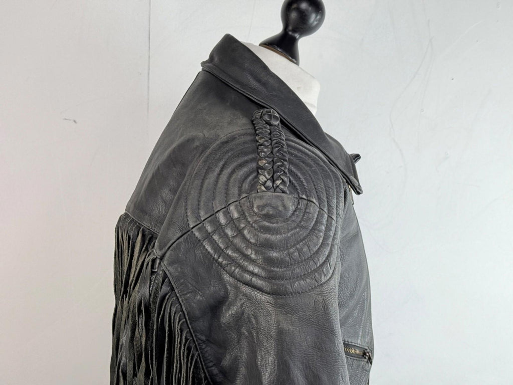 Vintage Difi of Germany Tasselled Leather Jacket Black Cruiser Cafe Racer UK 42