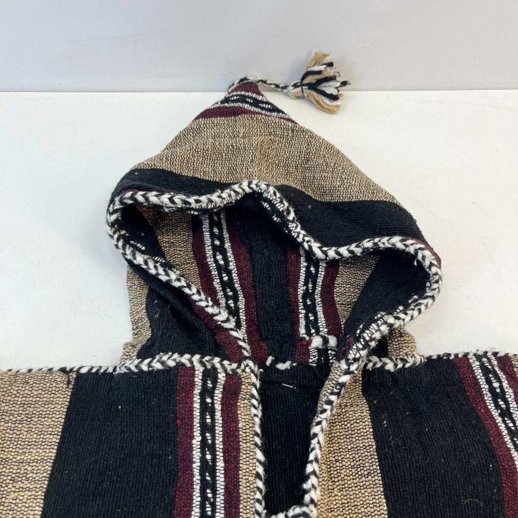 Mexican Baja Tie Front Hoodie Childrens size Large Black/Beige Striped Hooded
