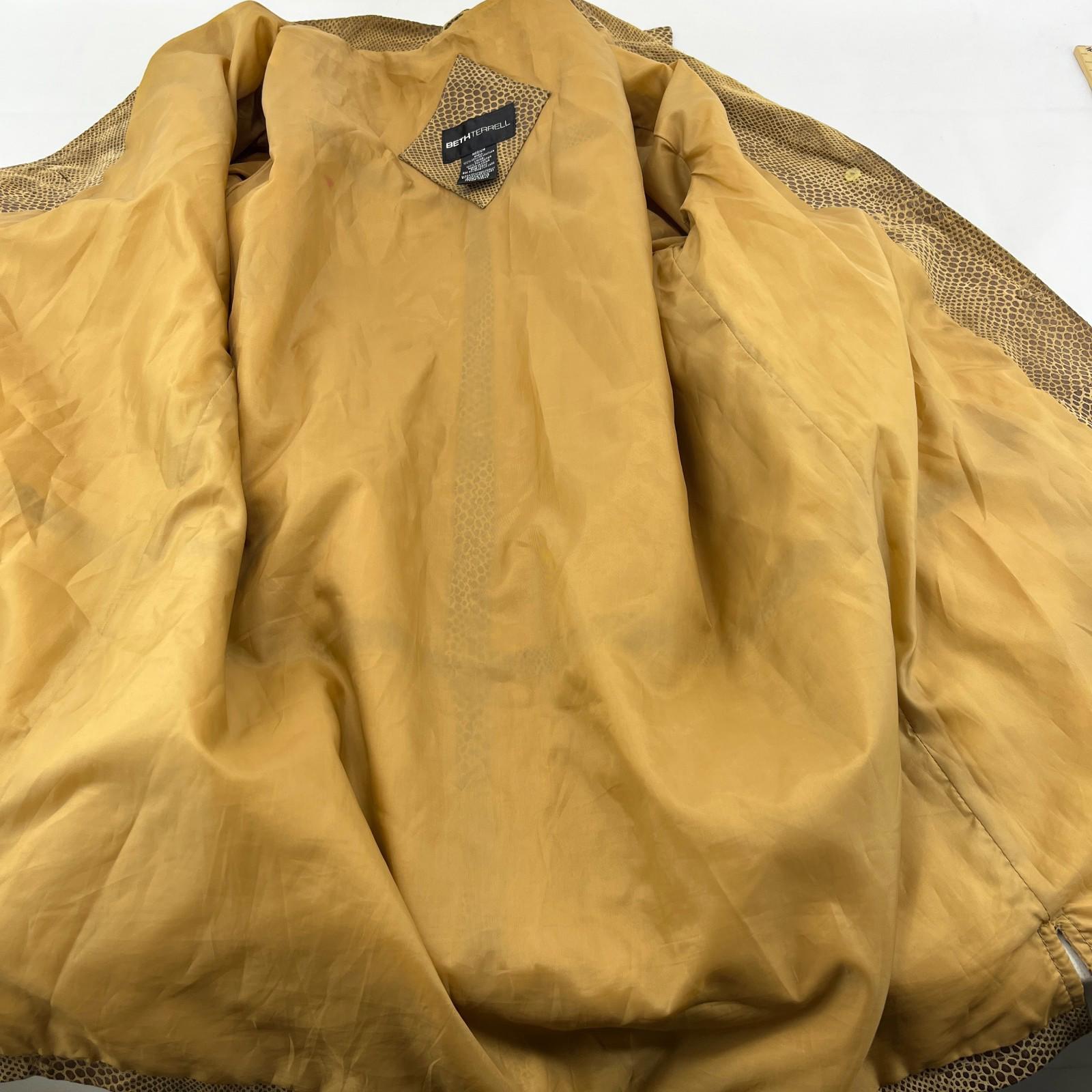 Beth Terrell Long Leather Coat Jacket Tan Brown Snake Lizard Pattern size Medium