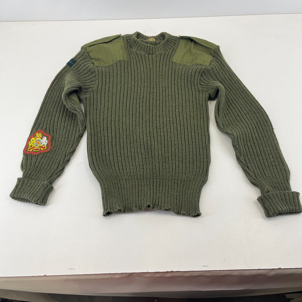 British Army Surplus RSM WO1 ASM Olive Green Wool Jumper with Badges size 2 (M)