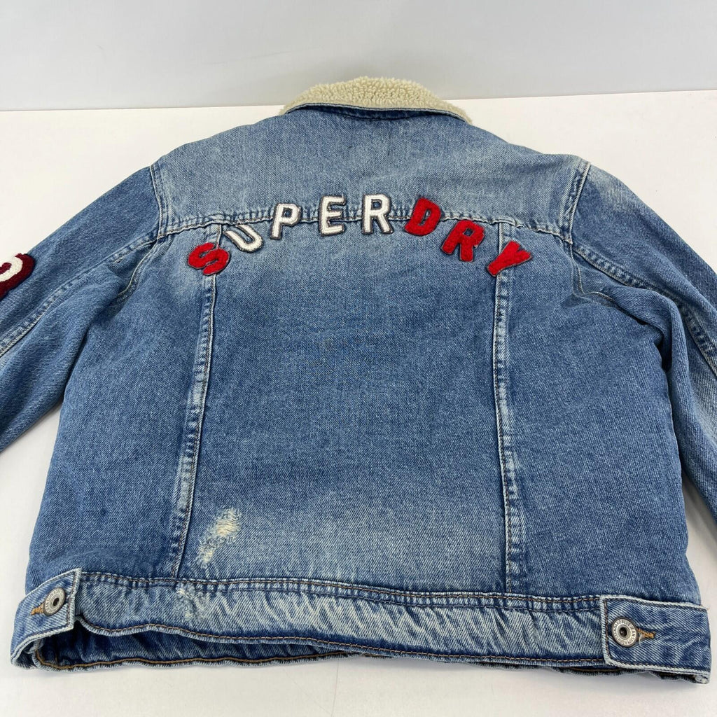Superdry Denim Jacket Womens M Blue Sherpa Faux Fur Lining Patches Biker