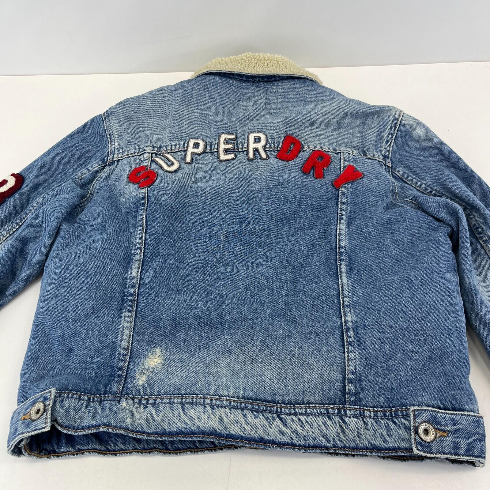 Superdry Denim Jacket Womens M Blue Sherpa Faux Fur Lining Patches Biker
