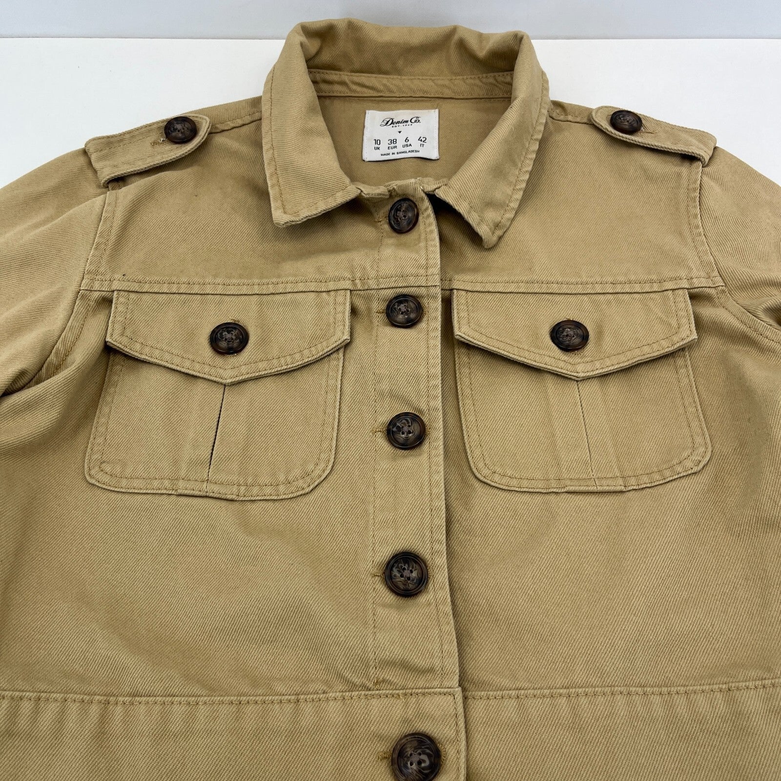 Denim Co Women’s Cropped Khaki Brown Denim Jacket UK size 10 Long Sleeve