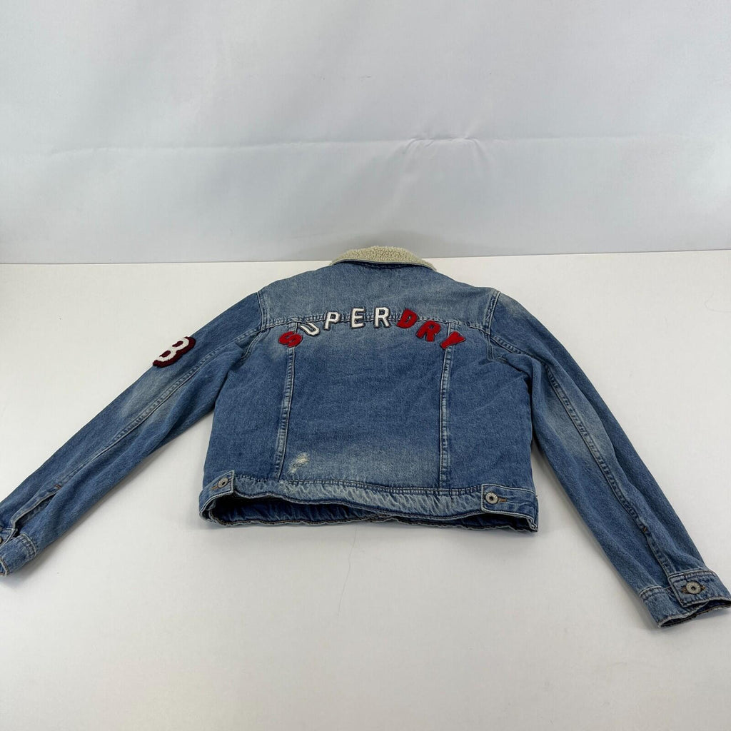 Superdry Denim Jacket Womens M Blue Sherpa Faux Fur Lining Patches Biker