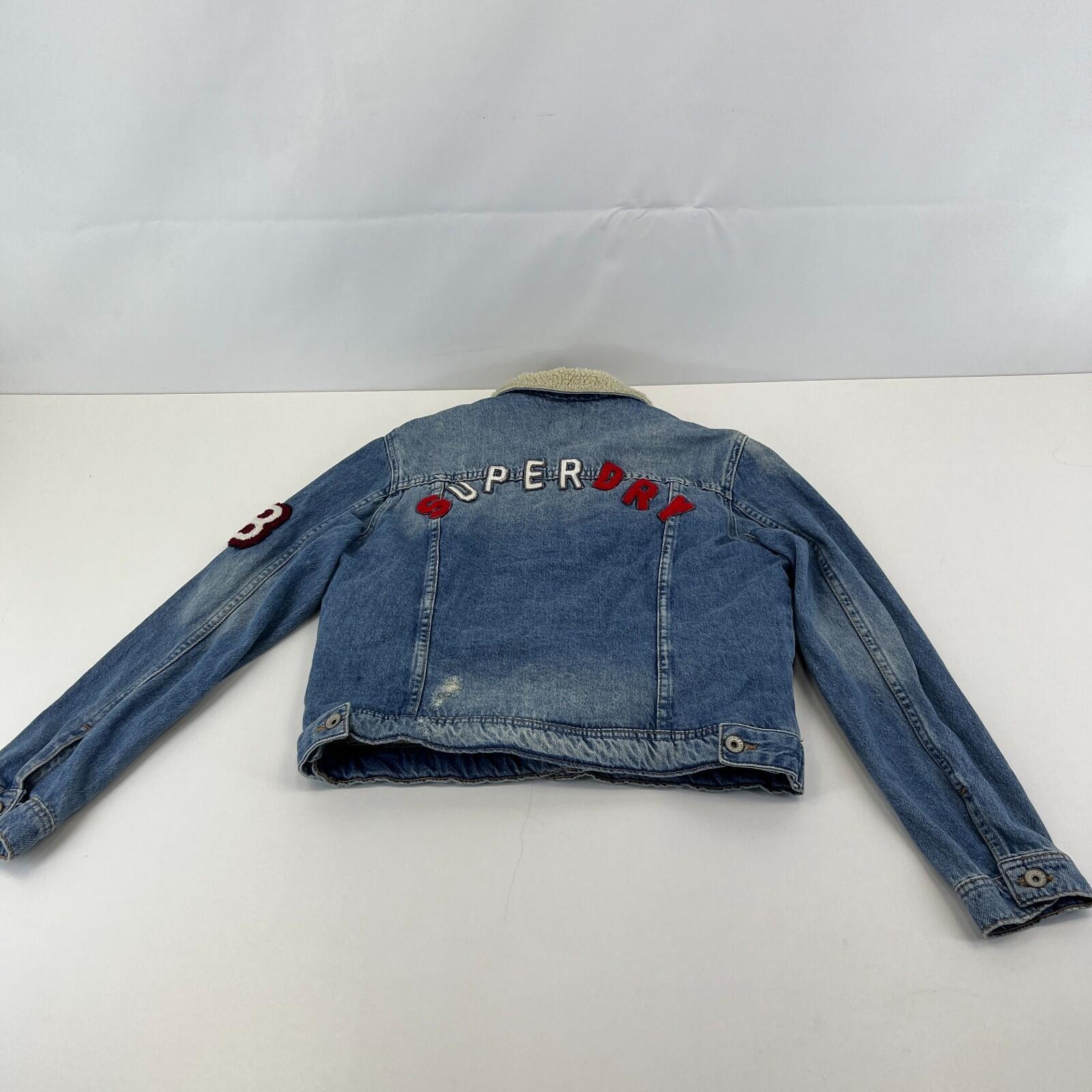 Superdry Denim Jacket Womens M Blue Sherpa Faux Fur Lining Patches Biker