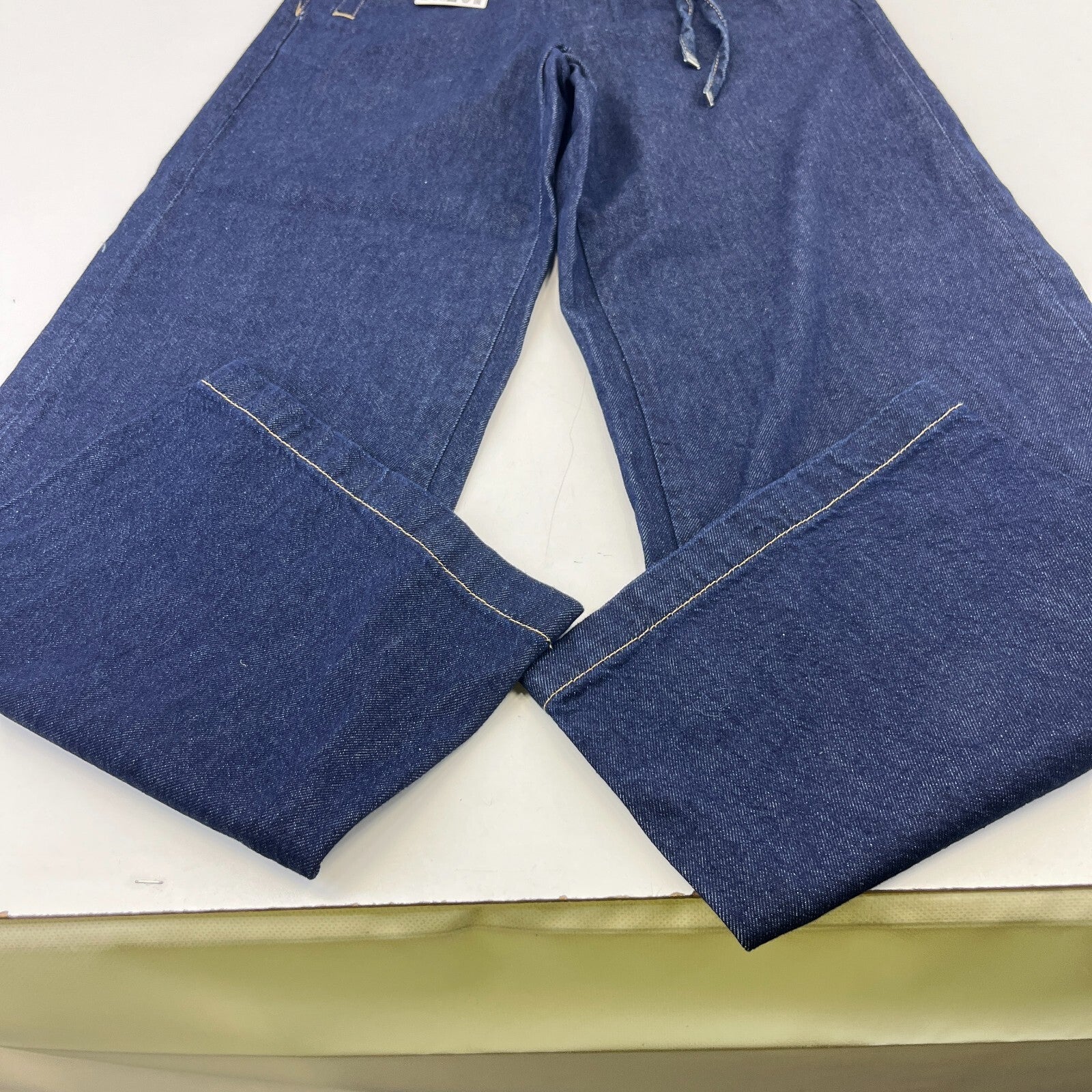 Zara Wide Leg Flared Denim Jeans Dark Blue Elasticated Tie Waist - size XS