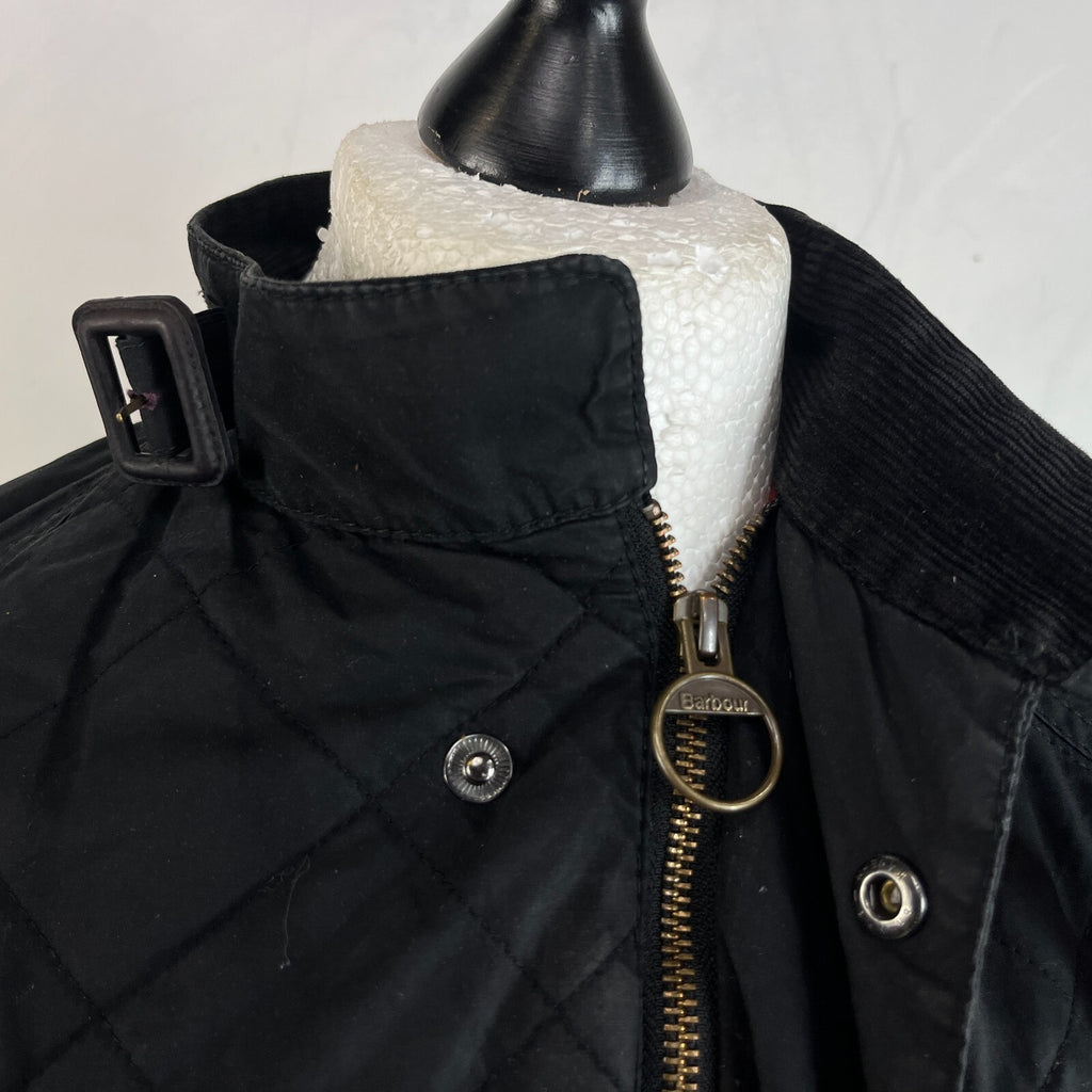 Barbour International Quilted Waxed Cotton Jacket Black with Belt Band Collar S
