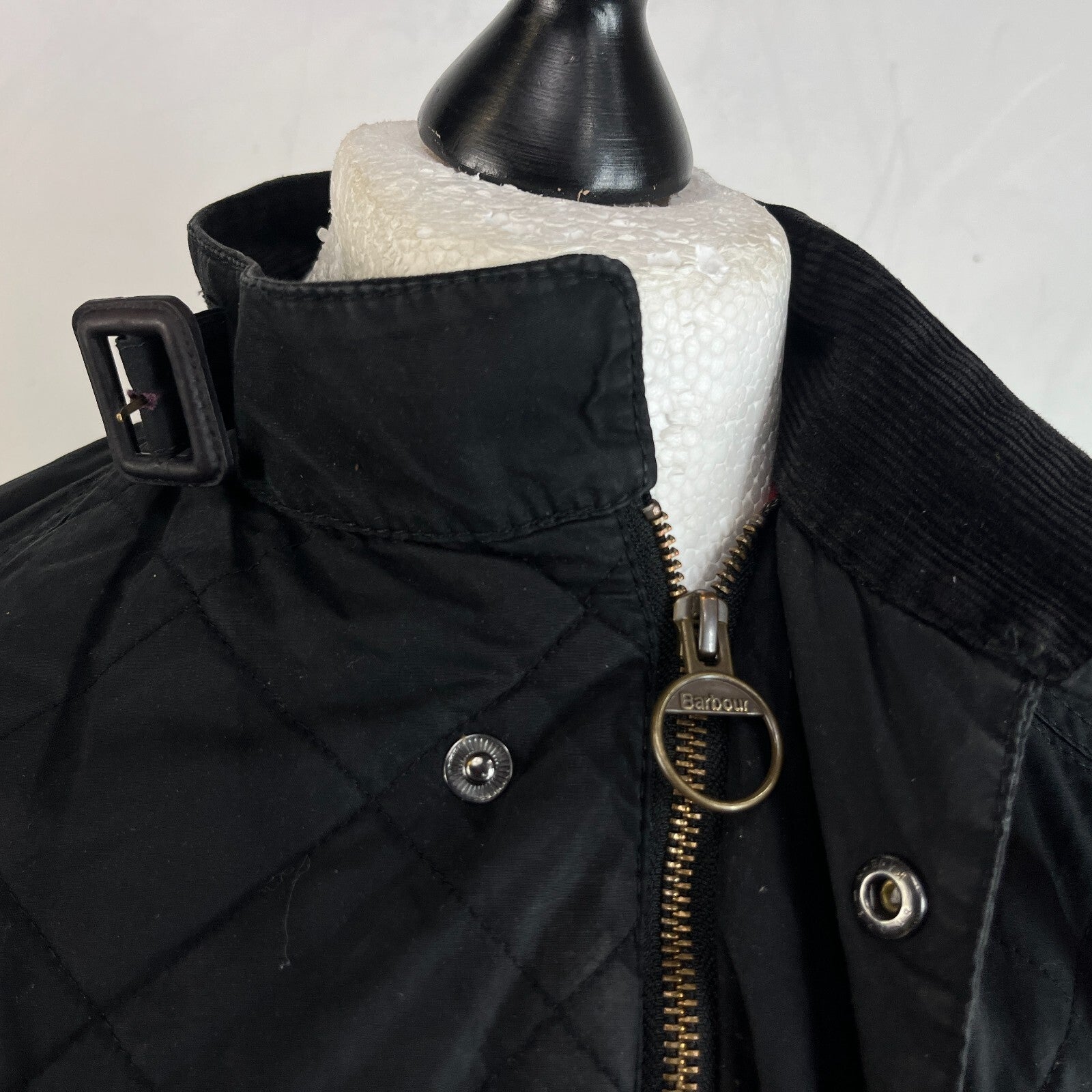 Barbour International Quilted Waxed Cotton Jacket Black with Belt Band Collar S