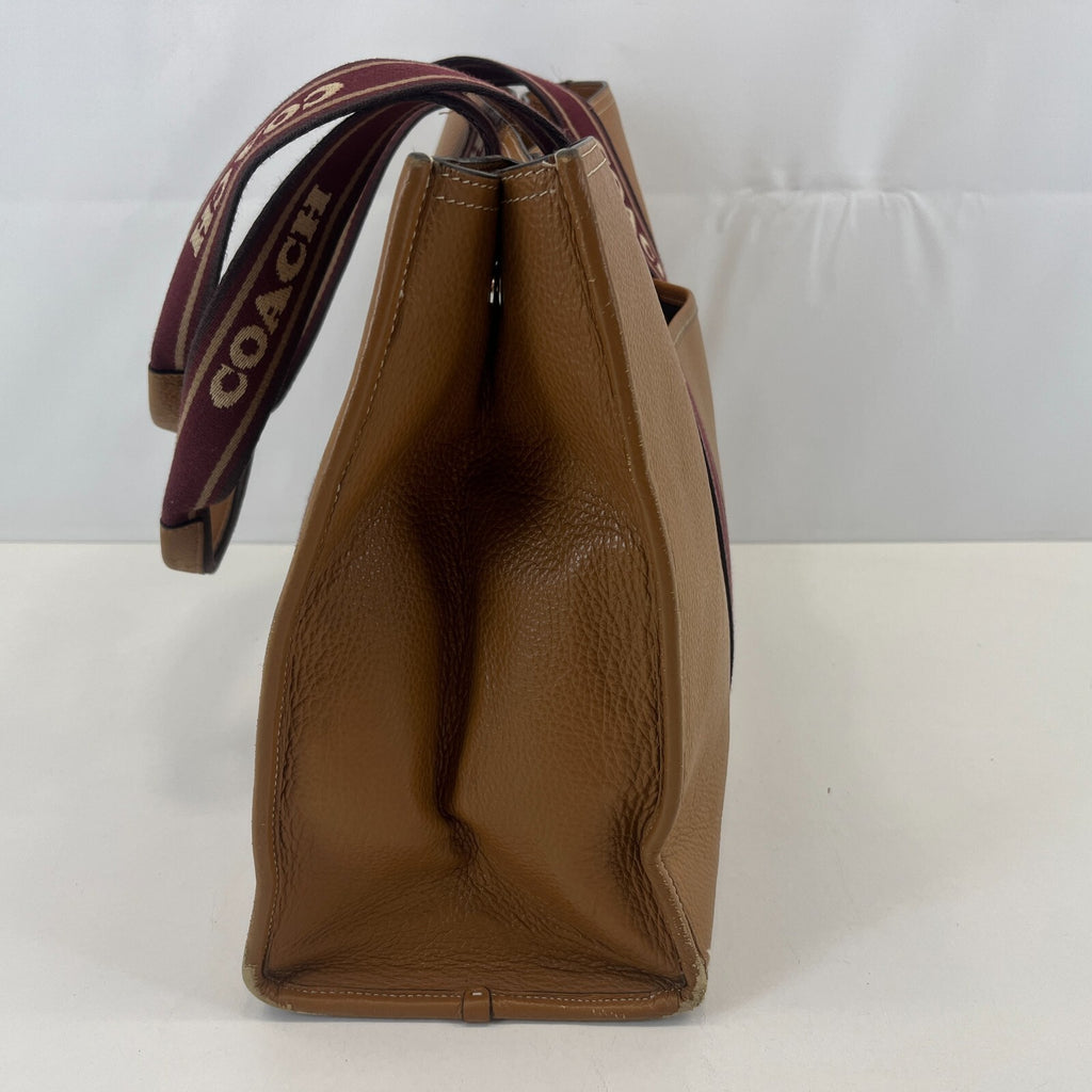 Coach Smith Tote Bag CM716 Tan Pebbled Leather Burgundy Logo Strap