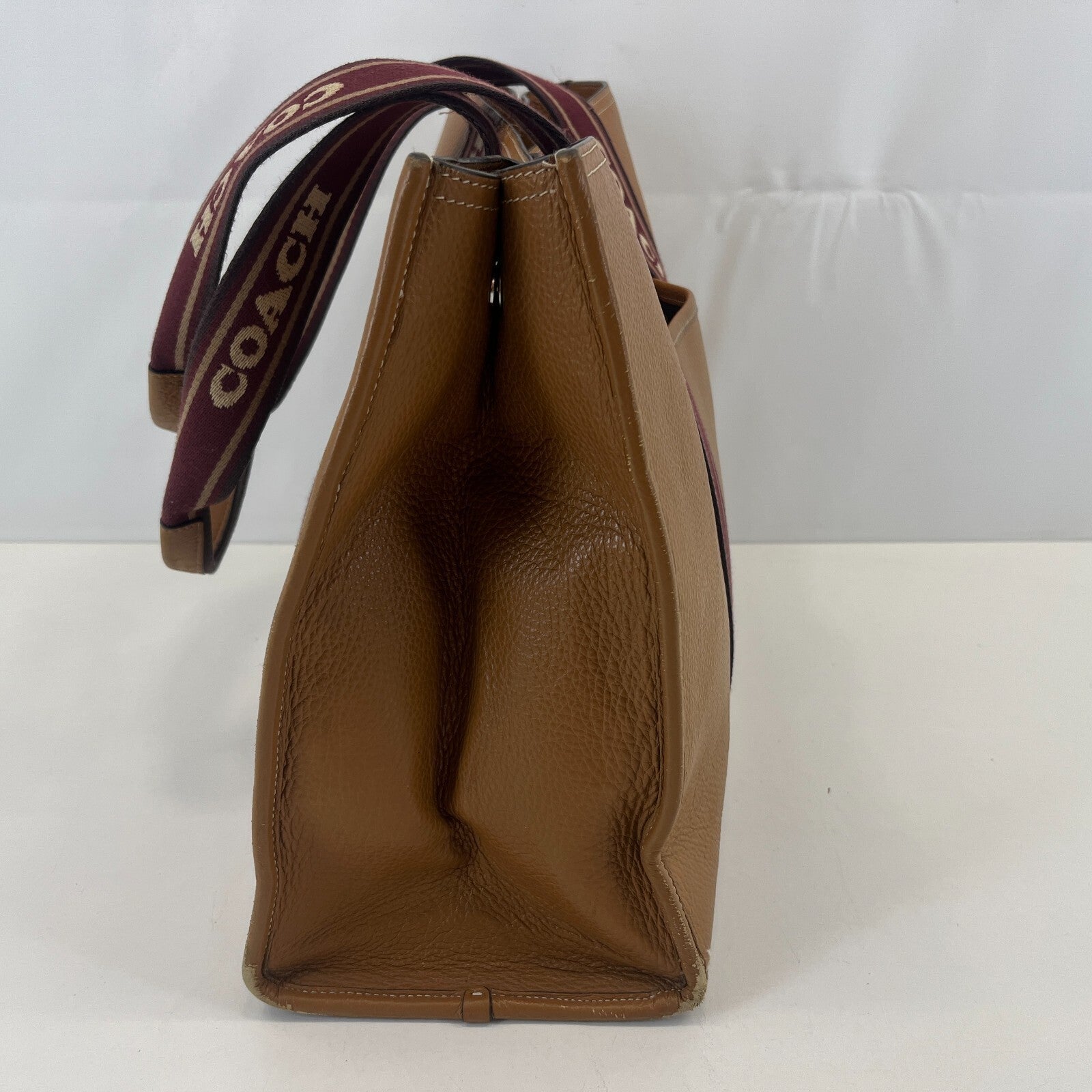 Coach Smith Tote Bag CM716 Tan Pebbled Leather Burgundy Logo Strap