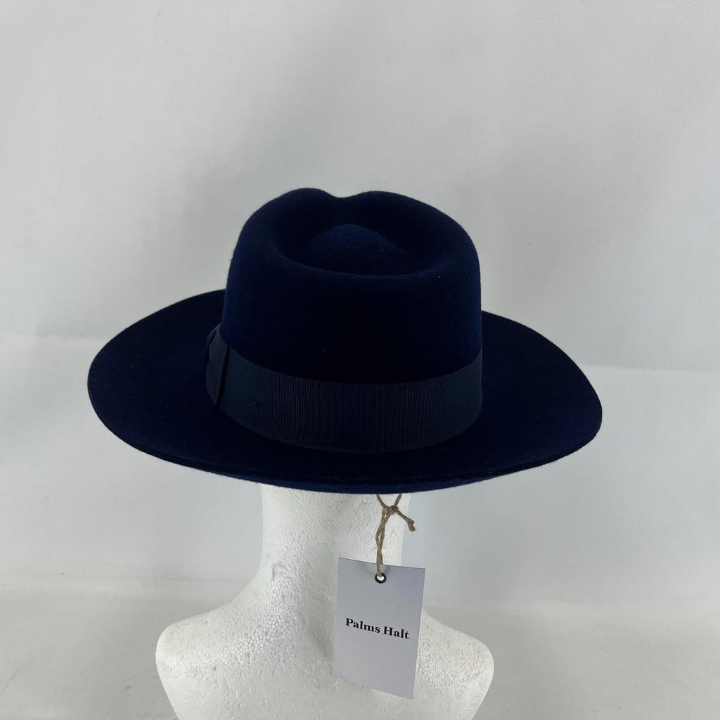 Palms Halt 100% Wool Handmade Textured Fedora Hat in Navy Blue size M 56