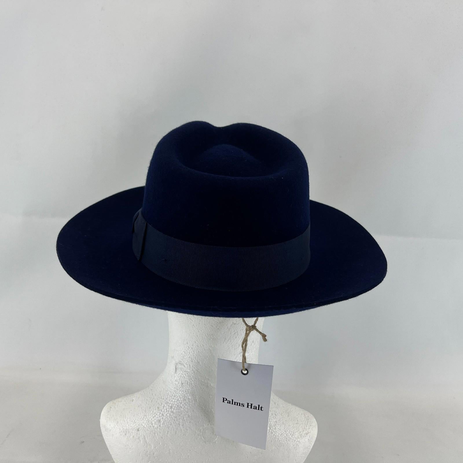 Palms Halt 100% Wool Handmade Textured Fedora Hat in Navy Blue size M 56