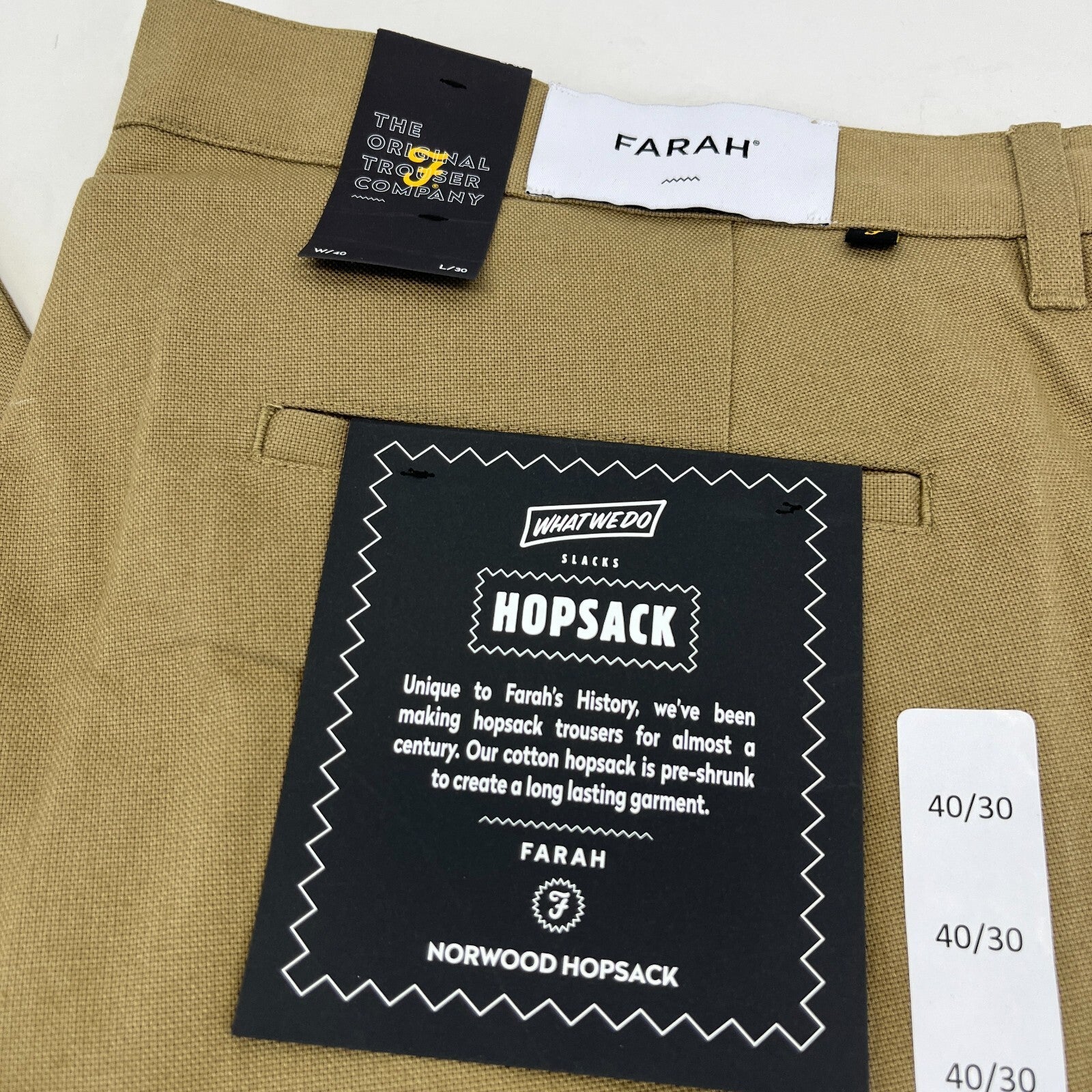 Farah Norwood Hopsack 100% Cotton Trousers Regular Fit W40" L30" Khaki Beige