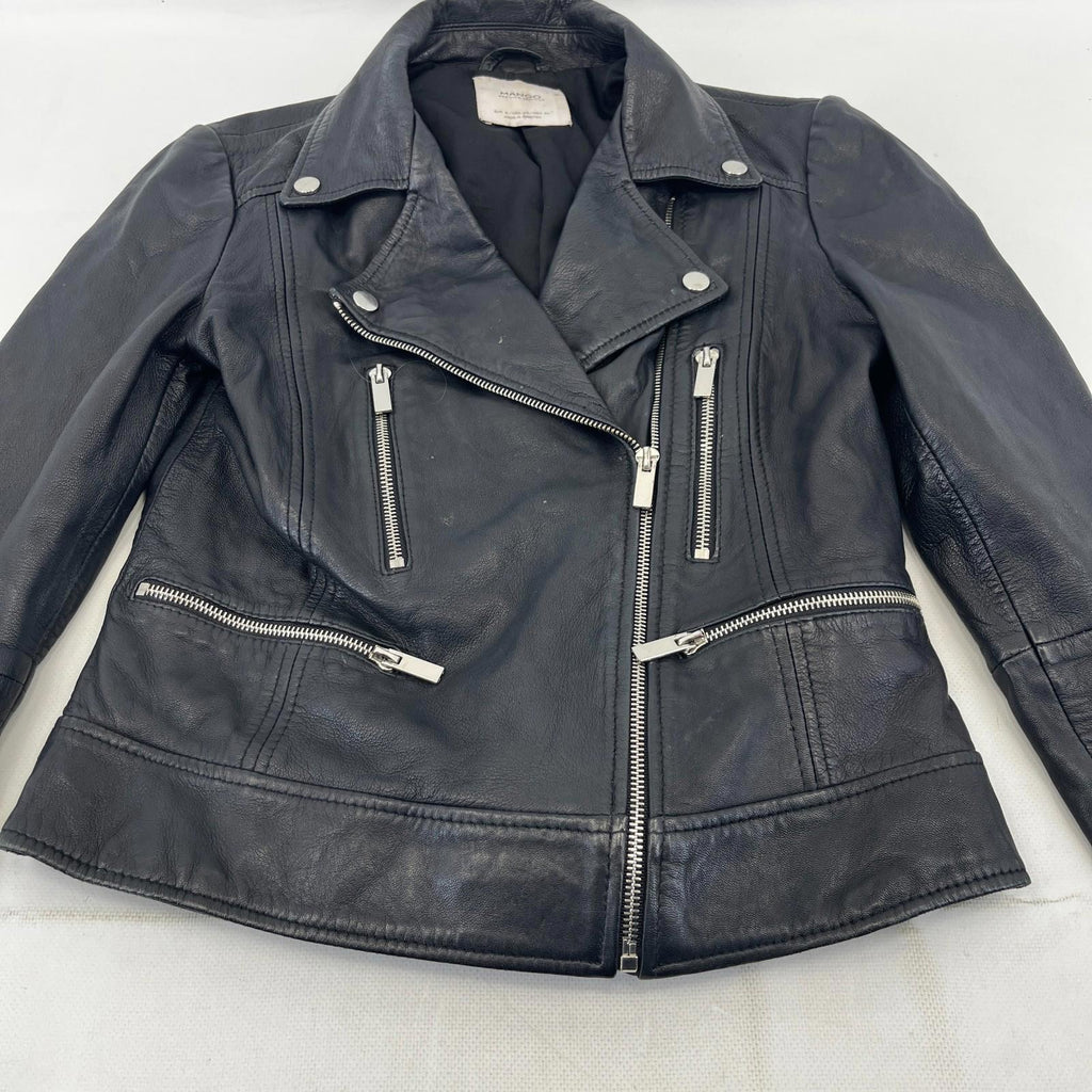 Mango Women's Genuine Soft Leather Biker Jacket in Black size Small