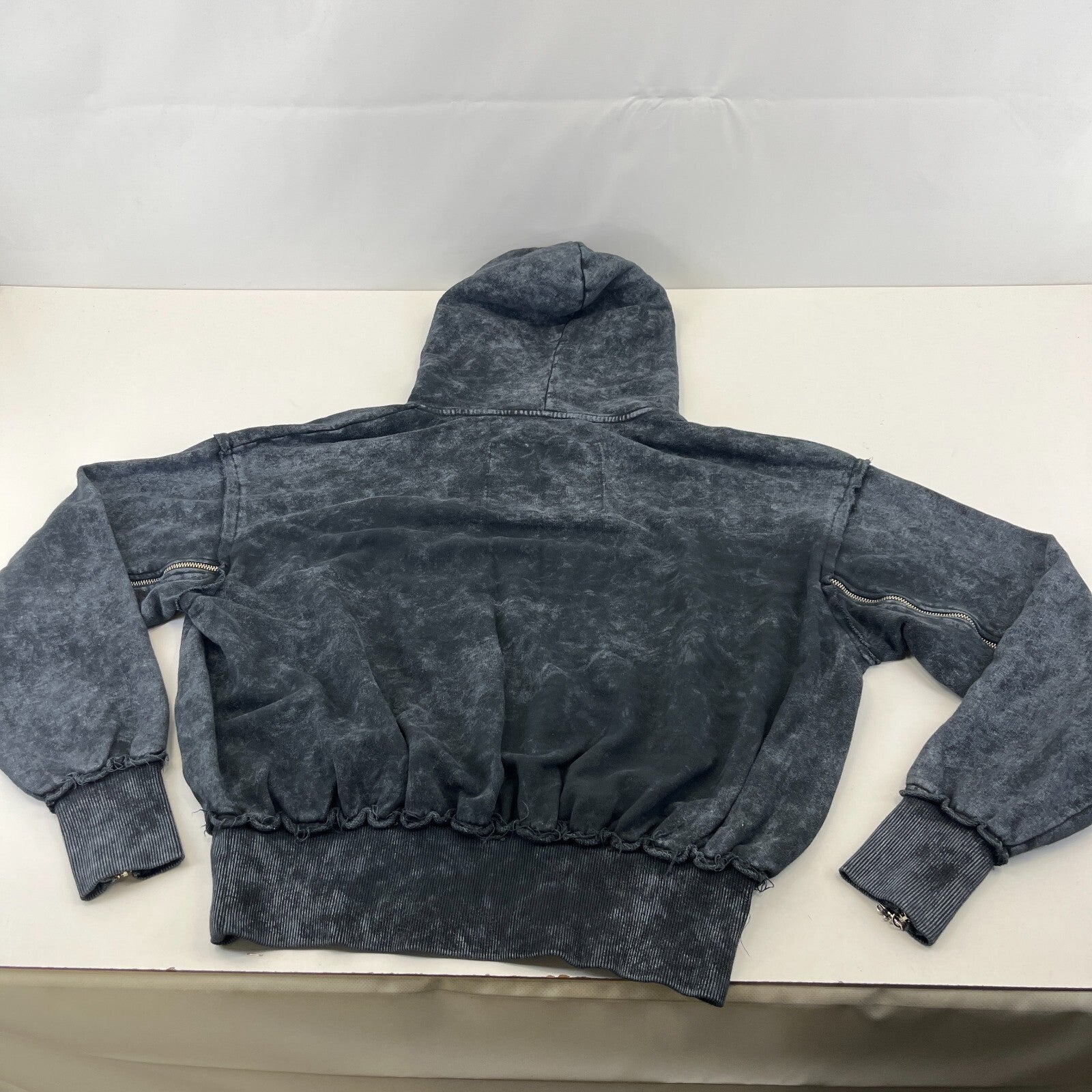 Drop Dead Distressed Look Grey w Zip Sleeves Hoodie UK M 100% Cotton Streetwear