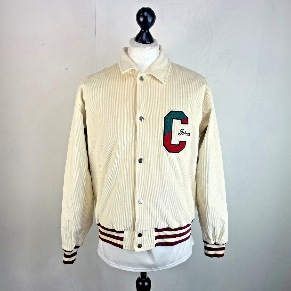 Rare Alma de Ace Coca Cola Micro Cord Varsity Jacket size Small in Cream