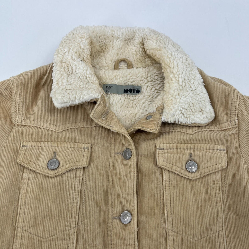 Topshop Moto Sherpa Lined Corduroy Jacket UK Women's Tan Brown Beige size 10