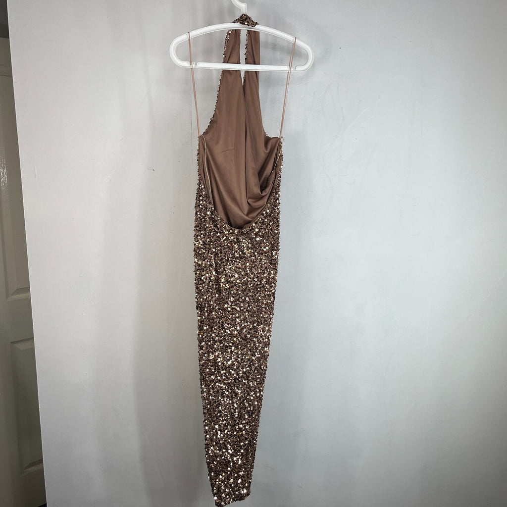 Zara Gold Sparkly Sequin Wrap Round Pencil Dress Halter Neck size Large - New