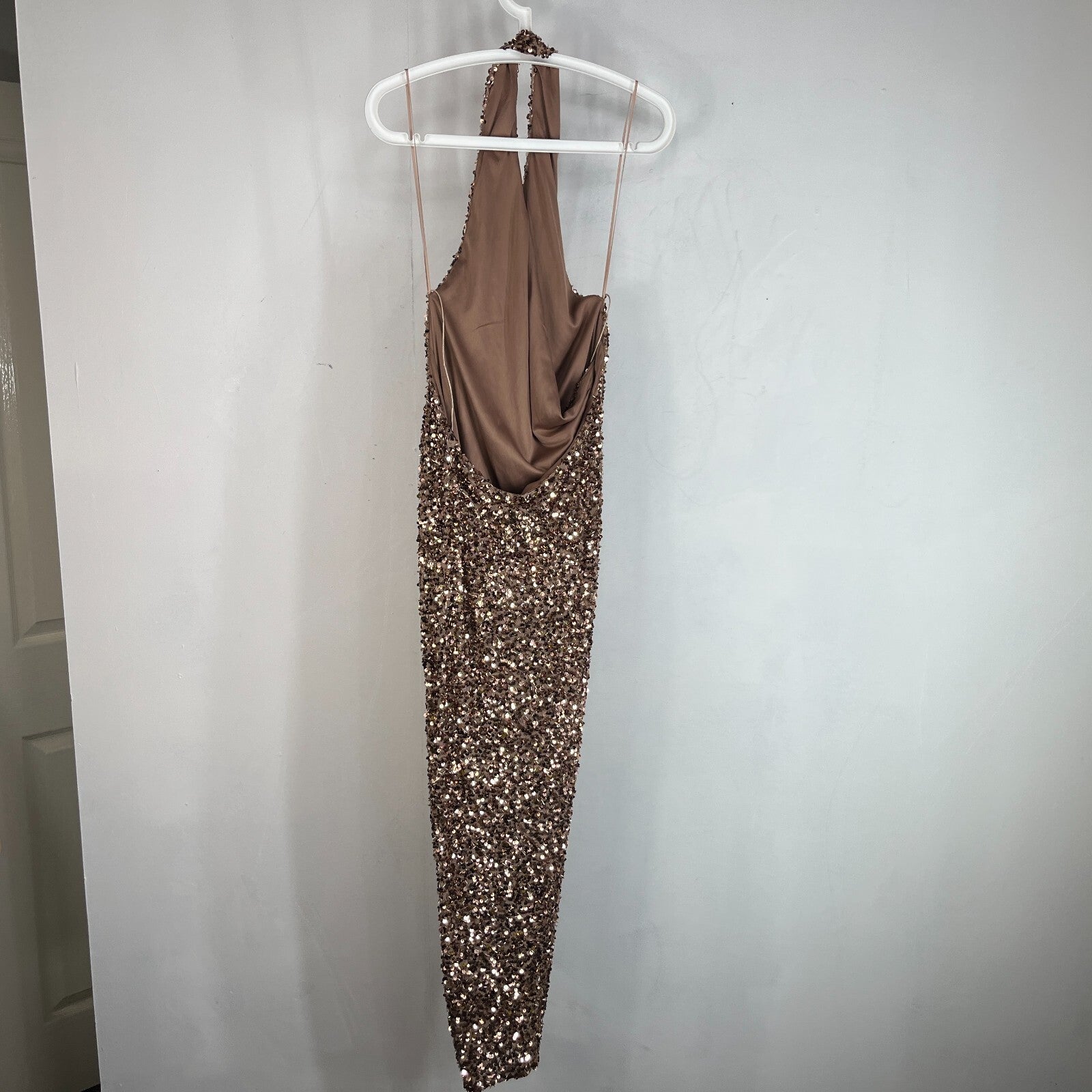 Zara Gold Sparkly Sequin Wrap Round Pencil Dress Halter Neck size Large - New