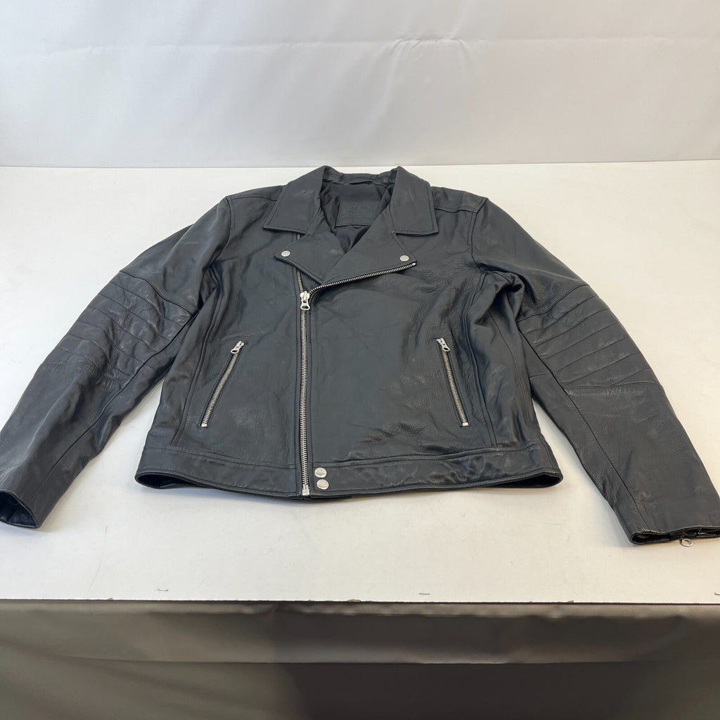 NEXT Men’s Black Leather Biker Jacket Full Zip Short Cruiser Bomber size Large