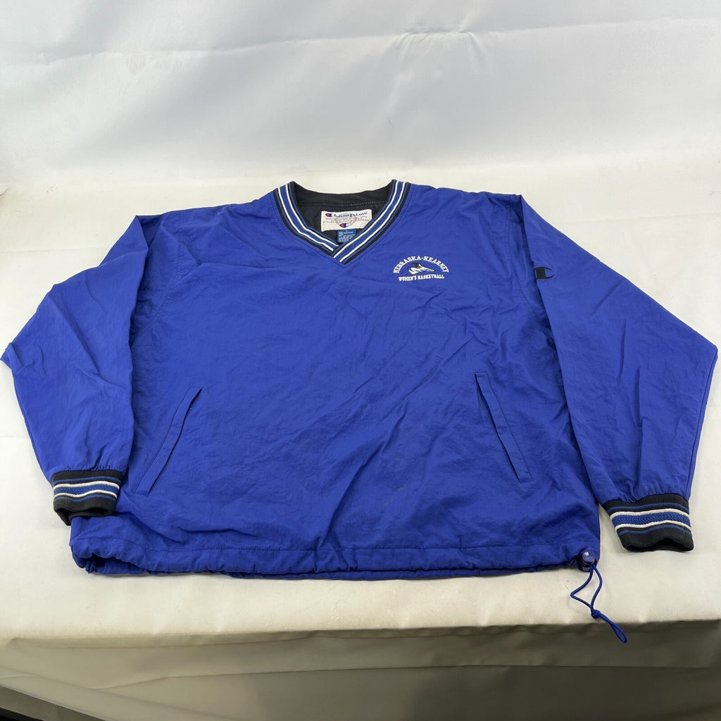 Champion Pullover Windbreaker Jacket Coat Oversized Large Blue with Embroidery
