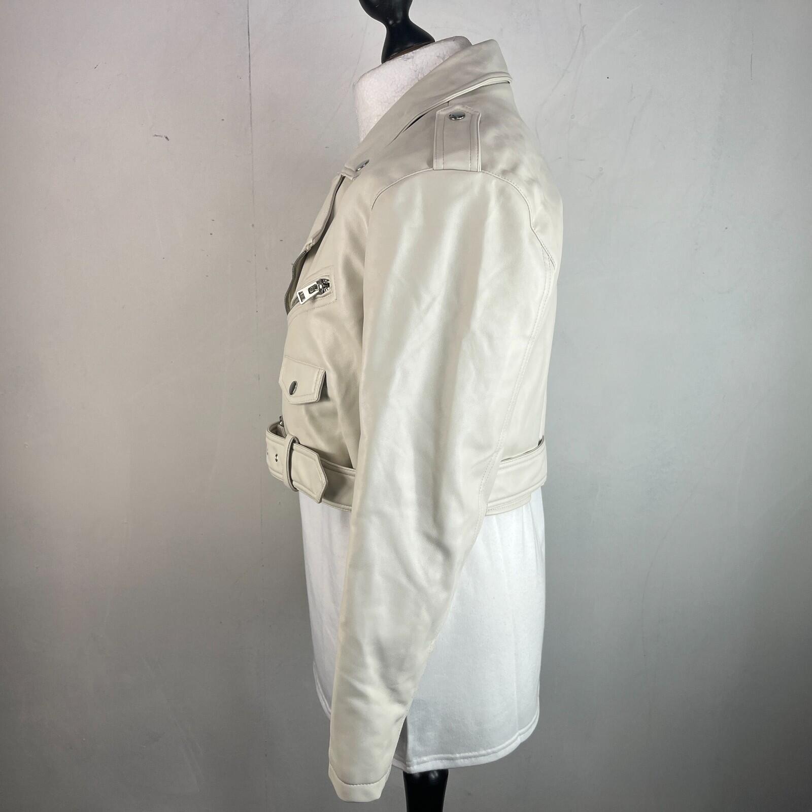 Topshop Zipped Faux Leather Cropped Biker Jacket Ivory White UK Women's size 10