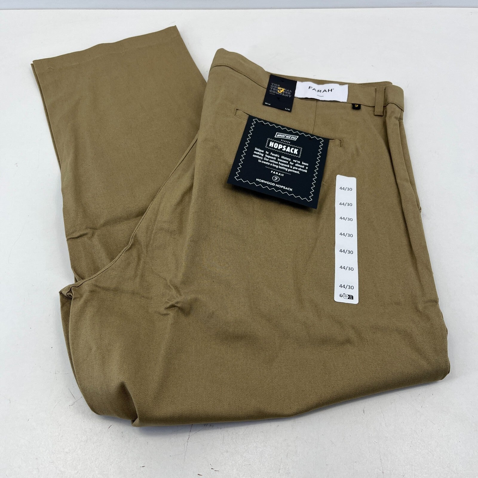 Farah Norwood Hopsack 100% Cotton Trousers Regular Fit W44" L30" Khaki Beige