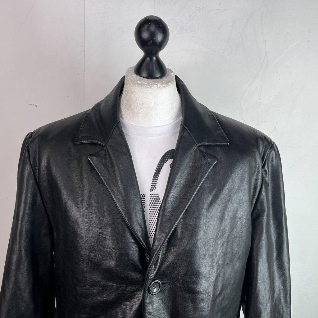 hElium Men's Leather Overcoat Jacket Black size L Vintage Insulated Casual Coat